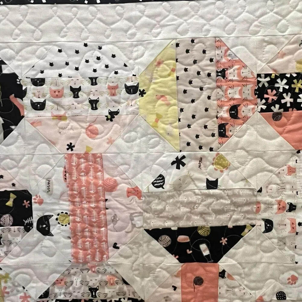 Handmade Cats and Camper Trailers Patchwork Quilt Blanket Pink